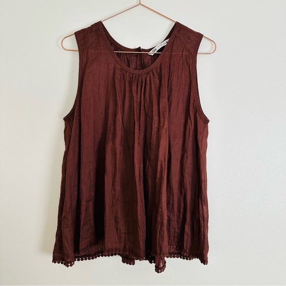 Zara Brown ramie passementerie boho Sleeveless buttoned back Blouse top - Picture 9 of 15